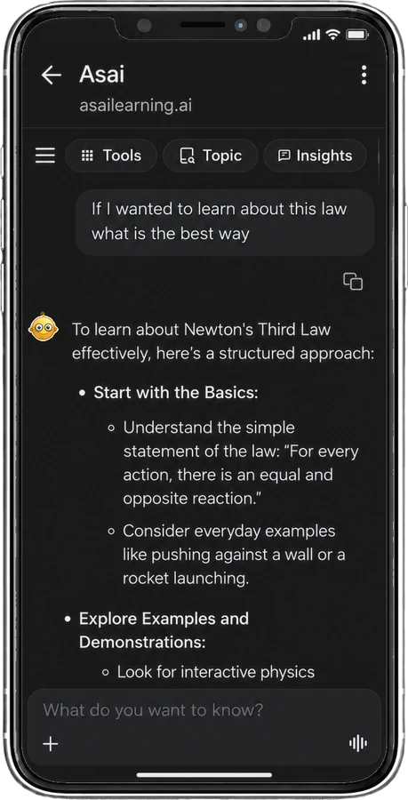 App screen showing an ASAI chat thread explaining Newton's Third Law.