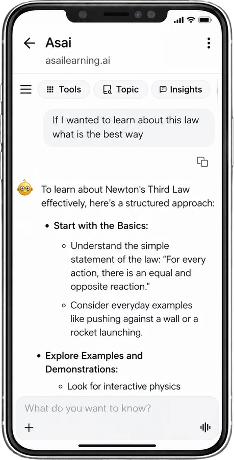 App screen showing an ASAI chat thread explaining Newton's Third Law.