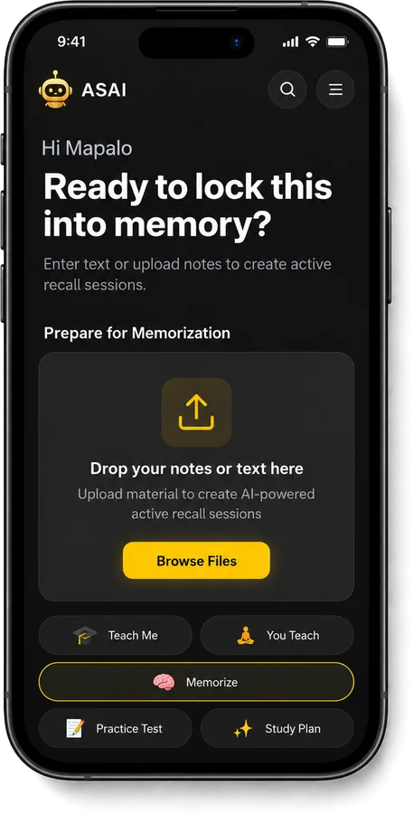 App screen showing Memorize mode, ready to turn uploaded notes into active-recall sessions.