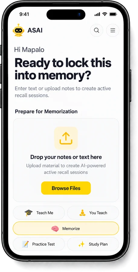 App screen showing Memorize mode, ready to turn uploaded notes into active-recall sessions.
